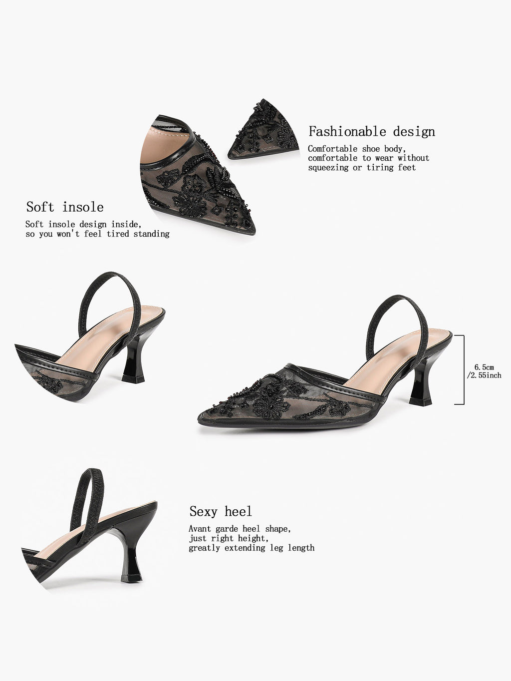 Women's Mesh Embroidered Slingback Heels Pointed Toe Kitten Heel Pumps Elegant Shoes Party Wear