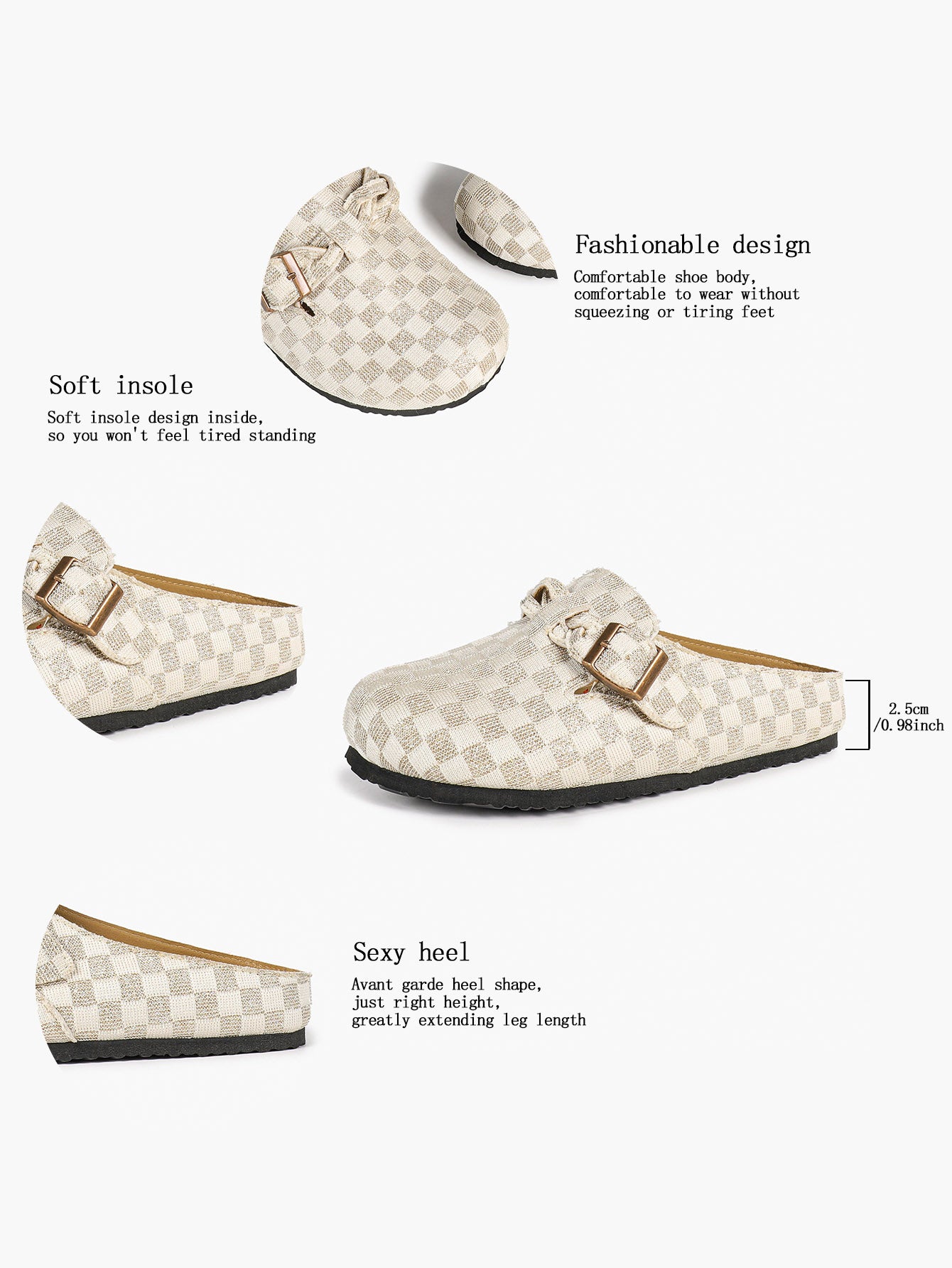 Beige Checkered Fabric Clogs Adjustable Buckle Casual Slip-On Birkenstock-Style Shoes