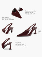 Burgundy Pointed Toe Flared Heel Pumps Slingback High Heels Evening Office Shoes