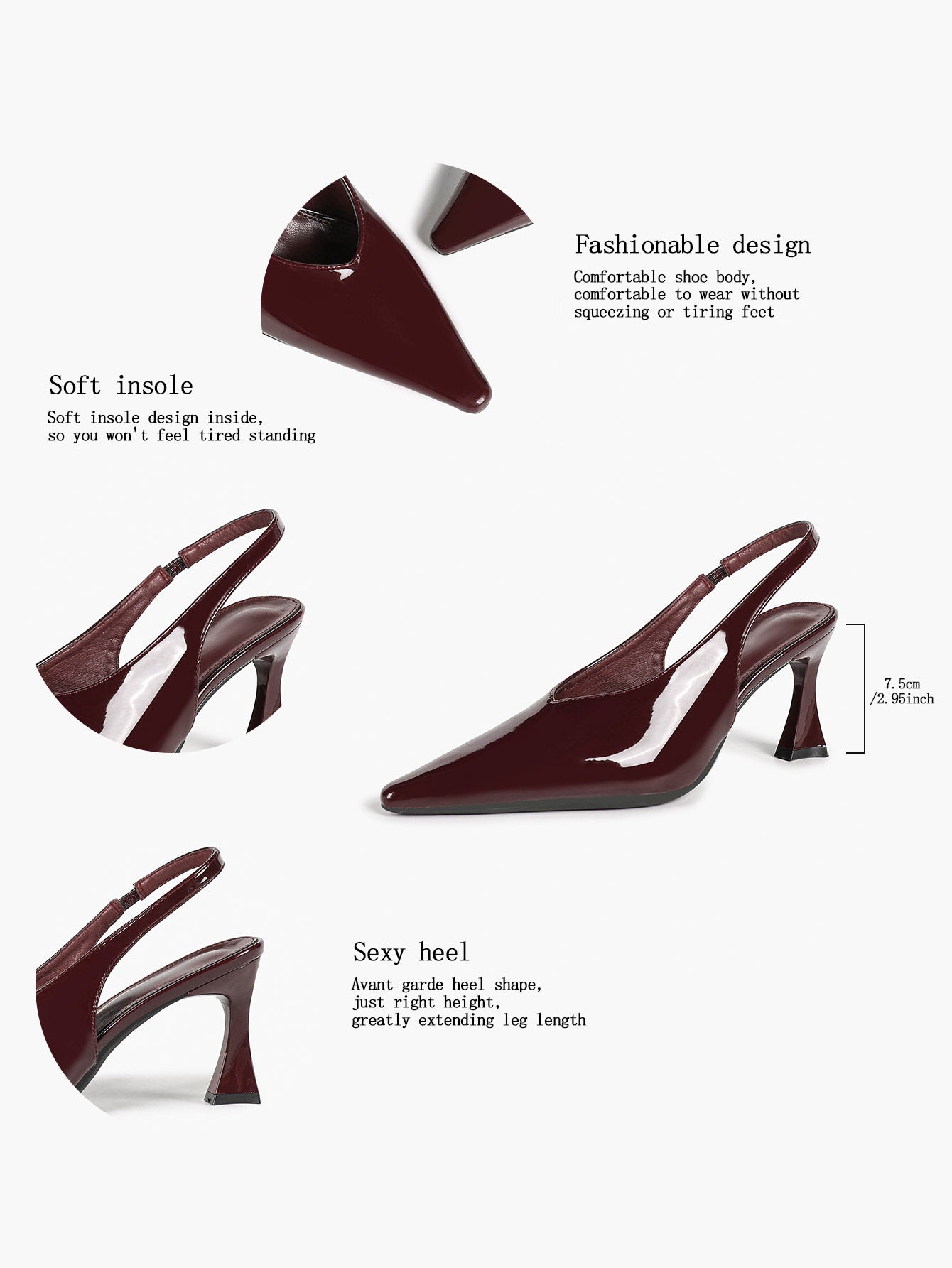 Burgundy Pointed Toe Flared Heel Pumps Slingback High Heels Evening Office Shoes