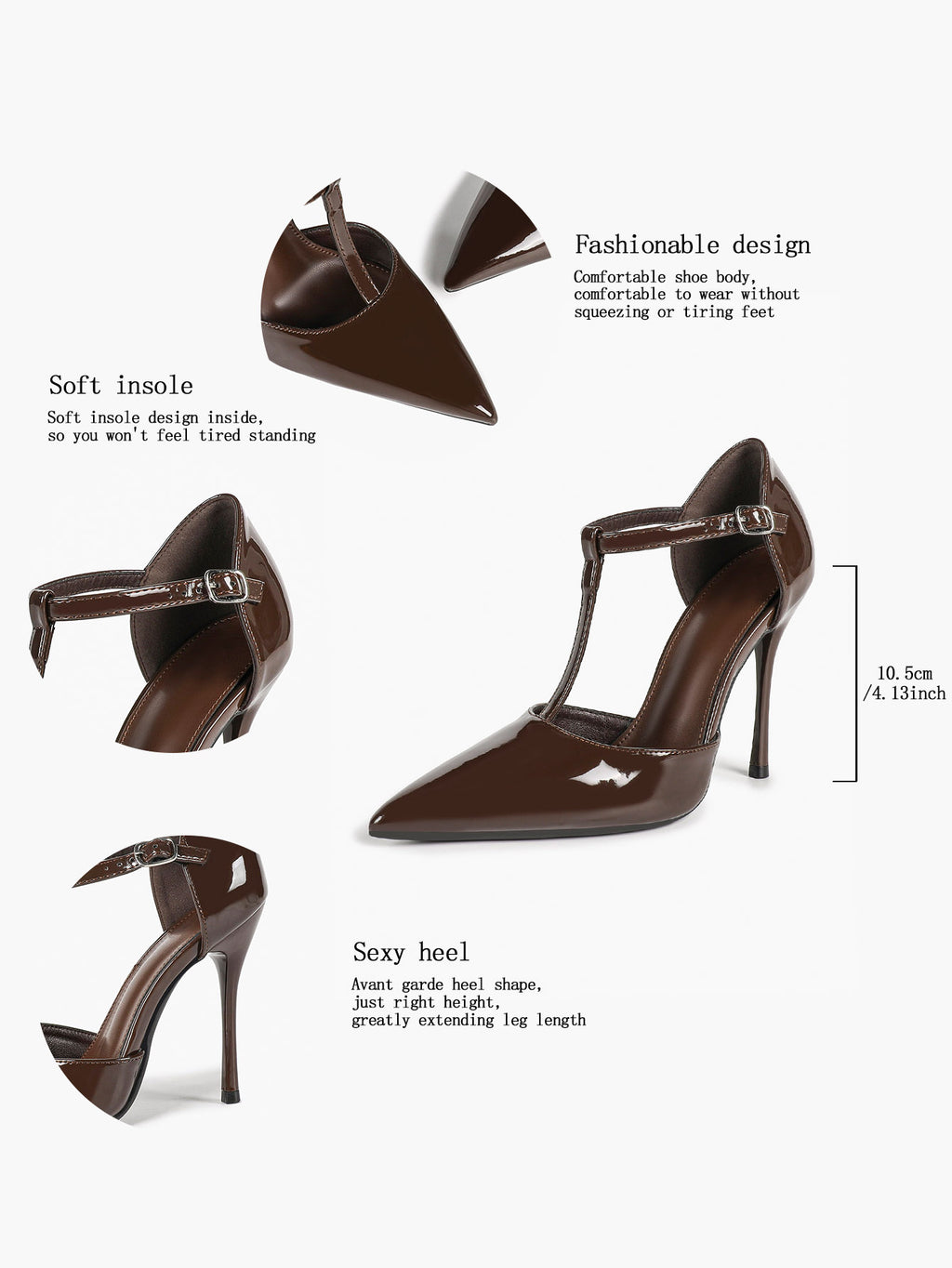 T‑Strap Ankle Strap Heels Pointed Toe Stiletto Shoes with Gold Buckle Wedding Party Office