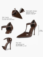 T‑Strap Ankle Strap Heels Pointed Toe Stiletto Shoes with Gold Buckle Wedding Party Office