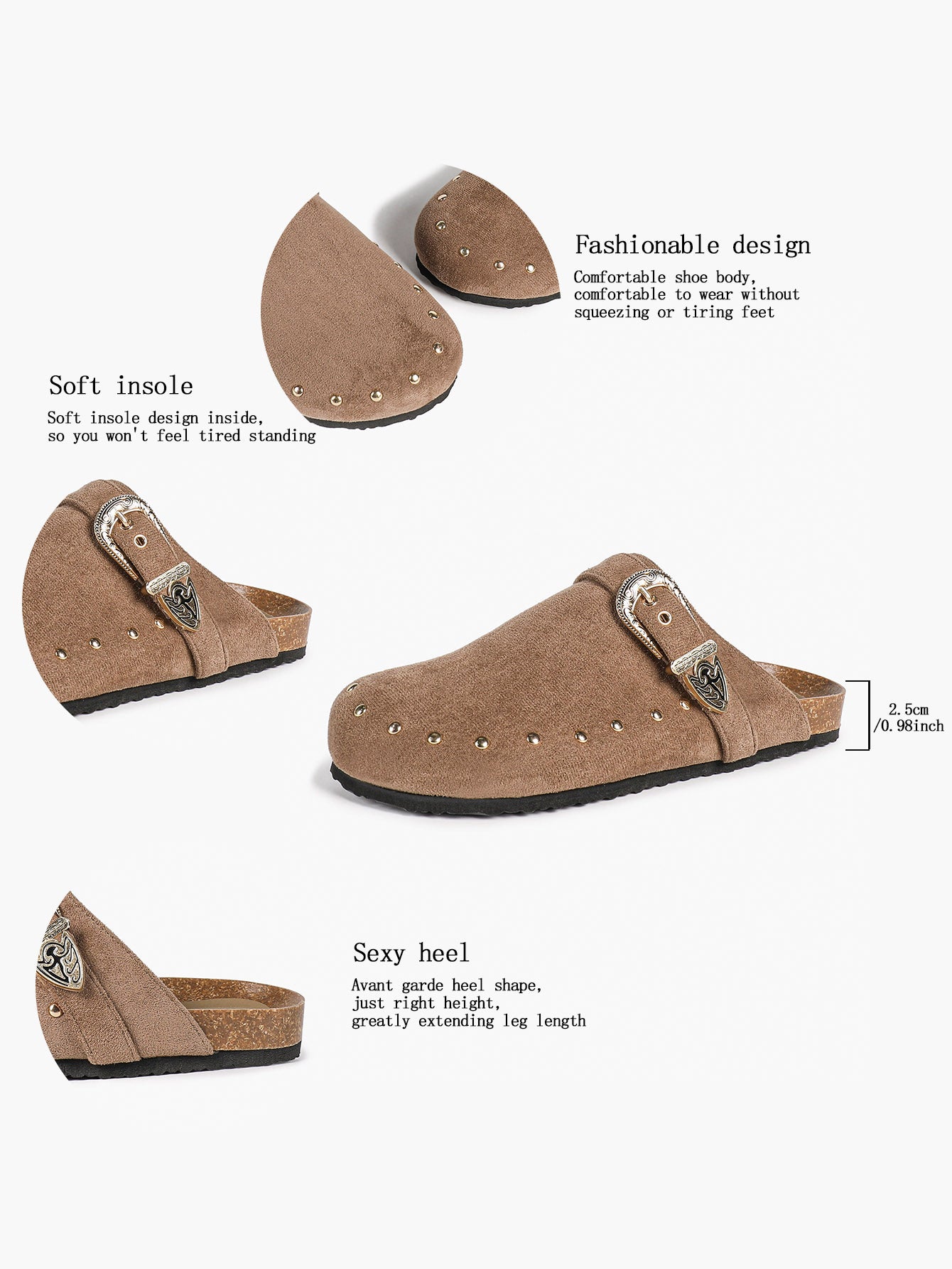 Women's Western Studded Suede Clogs Adjustable Ornate Buckle Slip-On Mules Casual Streetwear Shoes