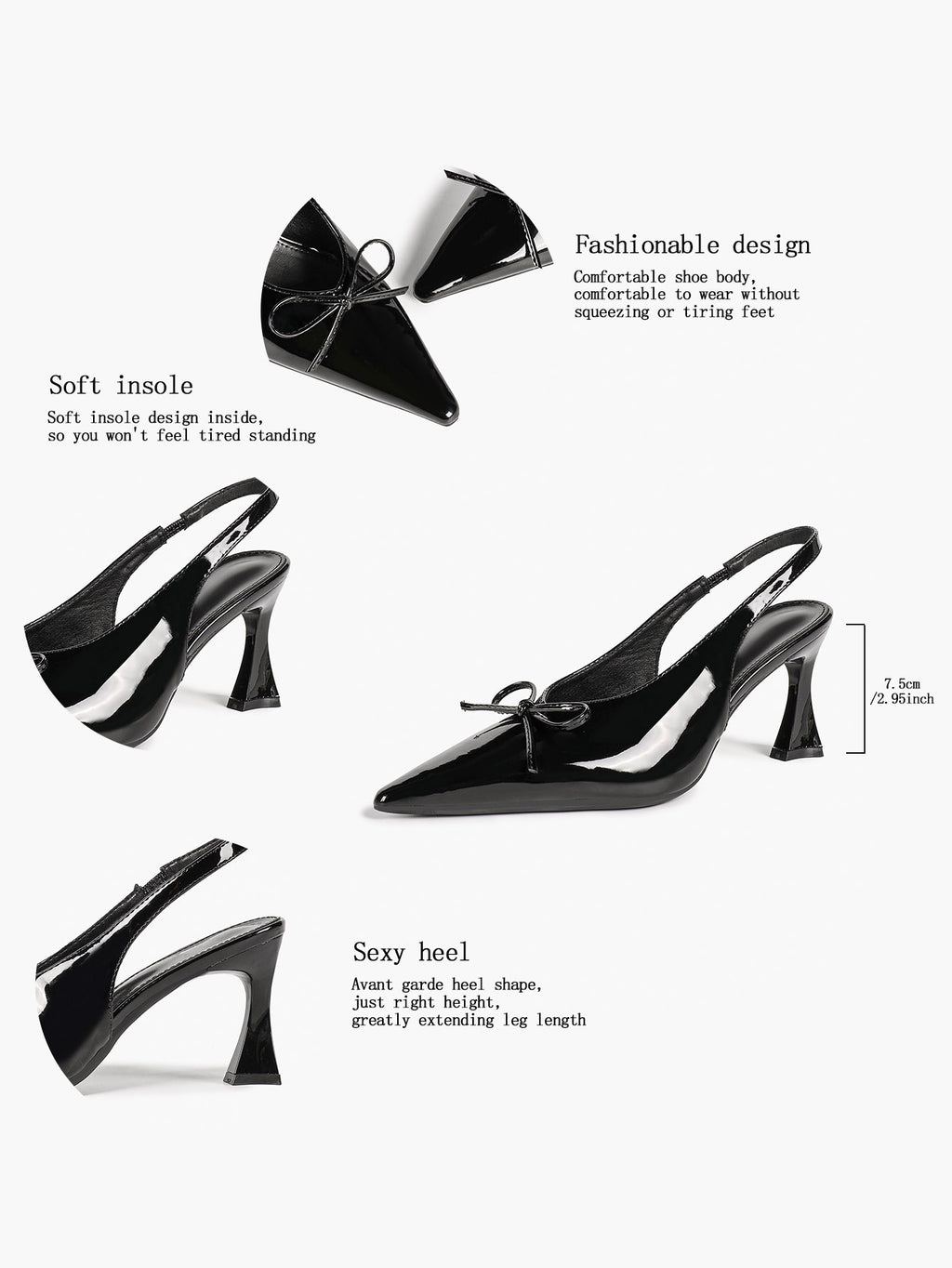 Pointed Toe Flared Heel Pumps Bow Detail Slingback High Heels Daily Wear