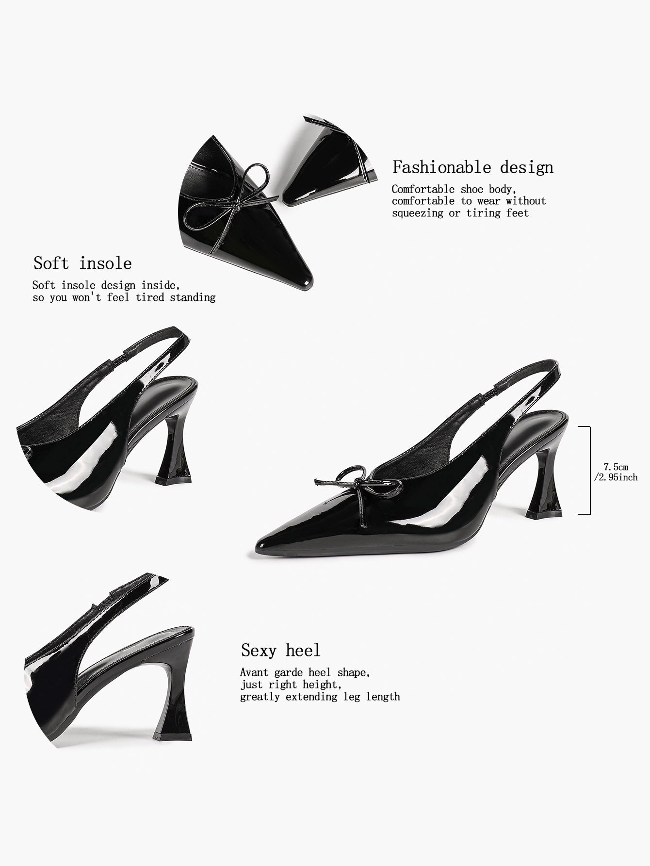 Pointed Toe Flared Heel Pumps Bow Detail Slingback High Heels Daily Wear