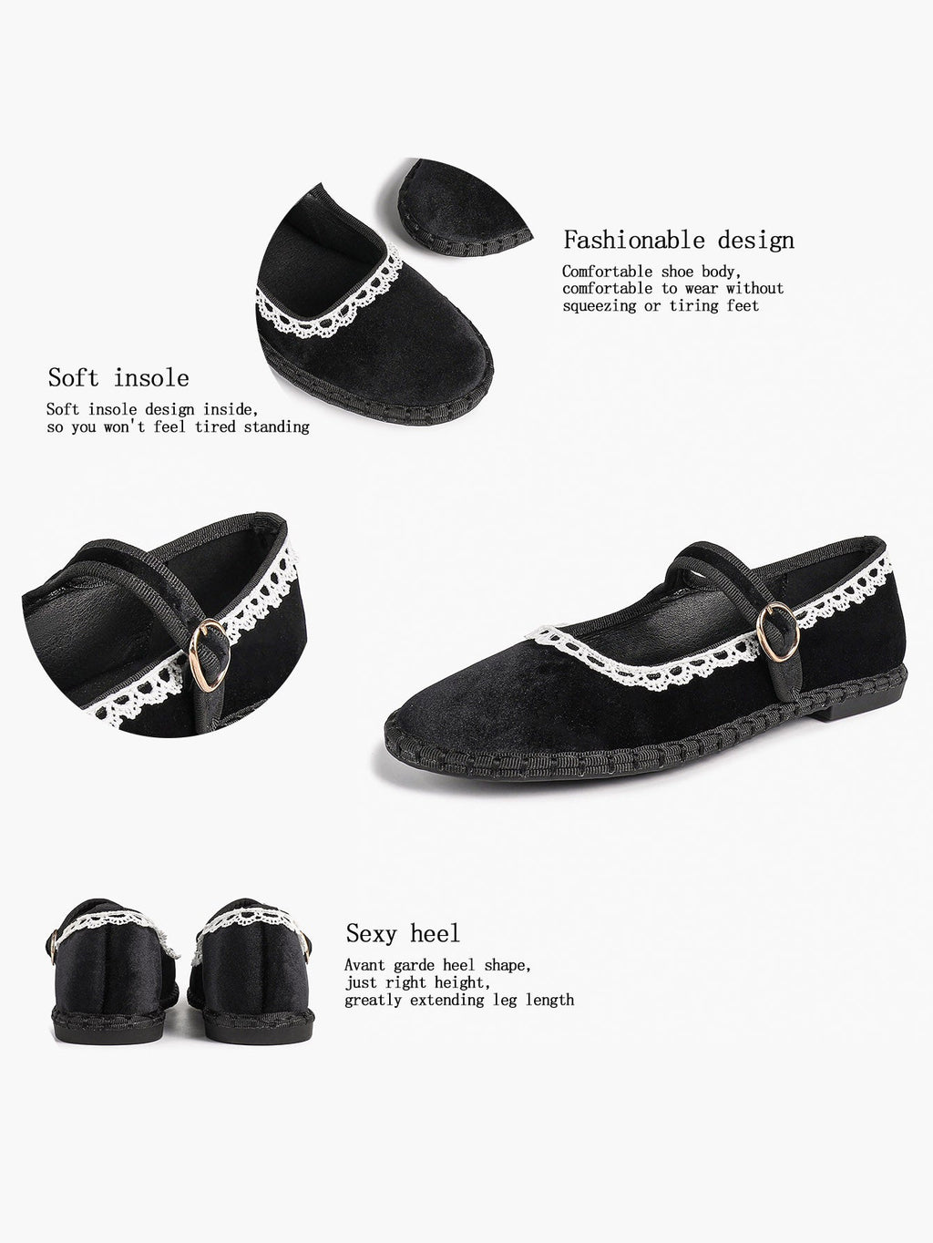 Black Velvet Mary White Lace Trim Jane Flats Pointed Toe Vintage Ballerinas Slip-On Shoes ISHIFIVAN