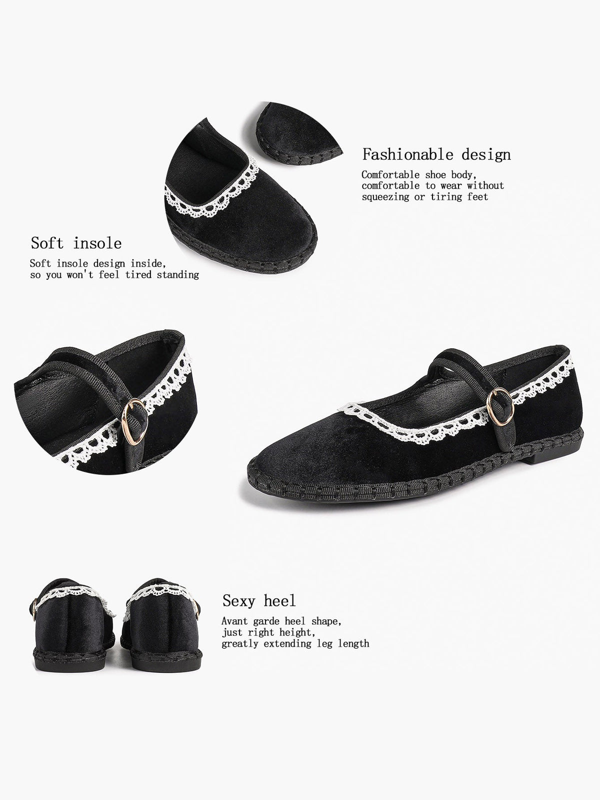 Black Velvet Mary White Lace Trim Jane Flats Pointed Toe Vintage Ballerinas Slip-On Shoes ISHIFIVAN