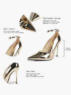 Gold Metallic Pointed Toe Stiletto Pumps Ankle Strap High Heels Formal Evening Shoes  Clubwear