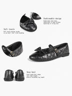Black Quilted Leather Mary Jane Flats Bow Detail Slip On Shoes Casual Shoes ISHIFIVAN