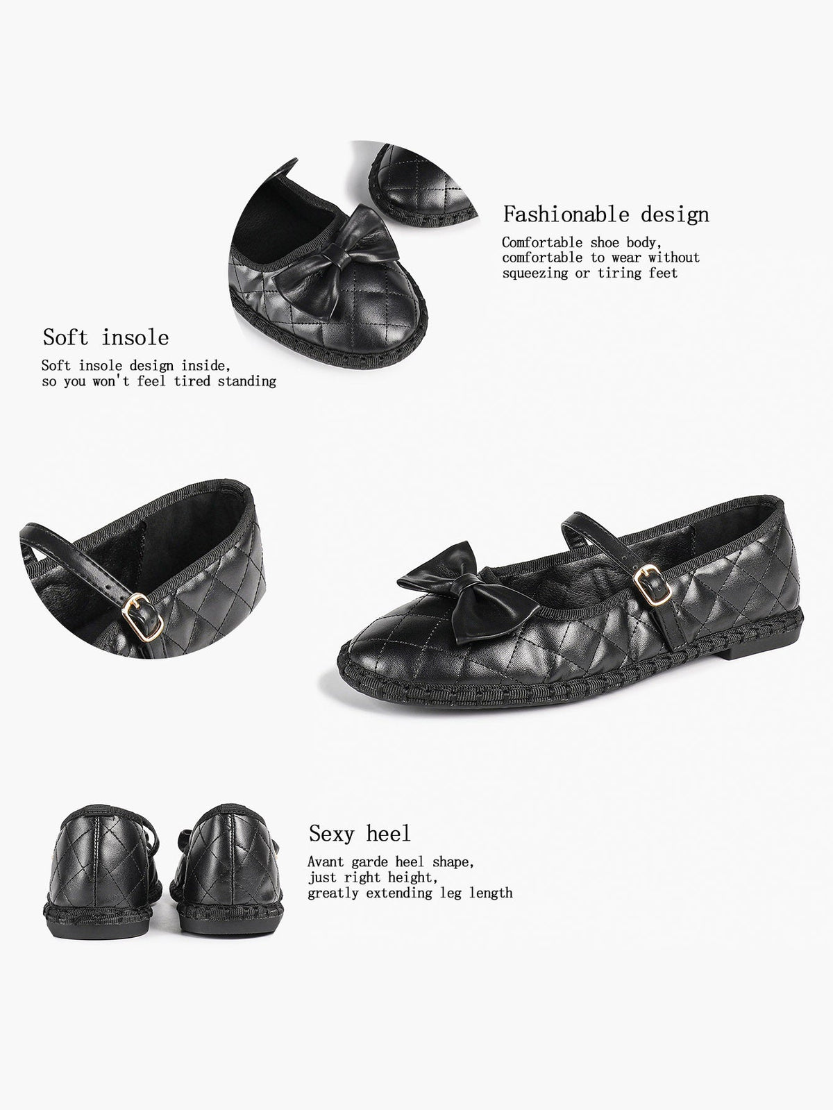 Black Quilted Leather Mary Jane Flats Bow Detail Slip On Shoes Casual Shoes ISHIFIVAN