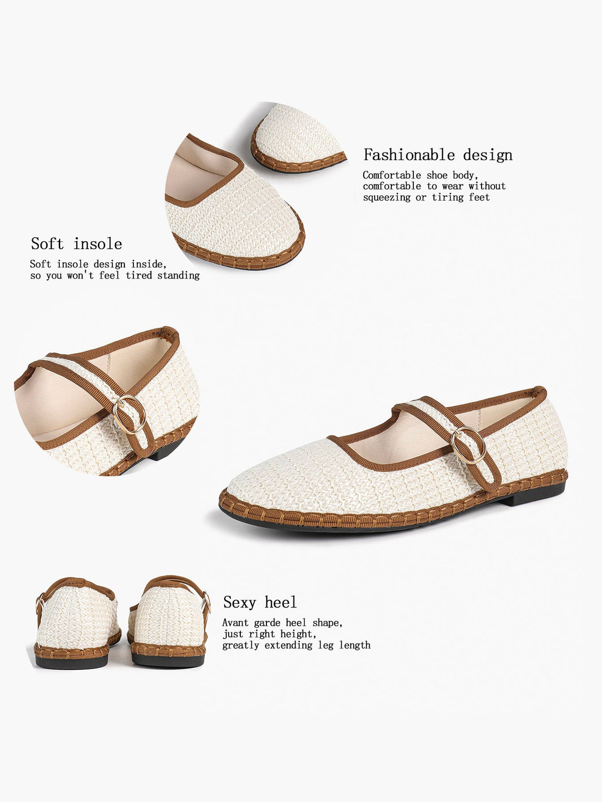Women's Woven Mary Jane Flats Brown Trim Slip On Shoes Vacation Dailywear Shoes ISHIFIVAN