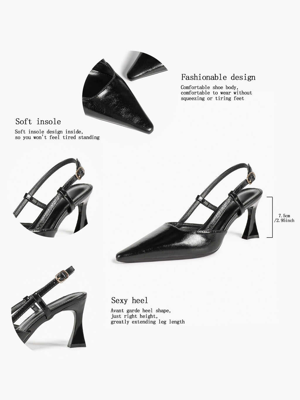 Black Pointed Toe Slingback Pumps Adjustable Buckle Flared High Heel Mules for Daily Office Evening Wear