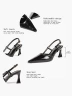 Black Pointed Toe Slingback Pumps Adjustable Buckle Flared High Heel Mules for Daily Office Evening Wear