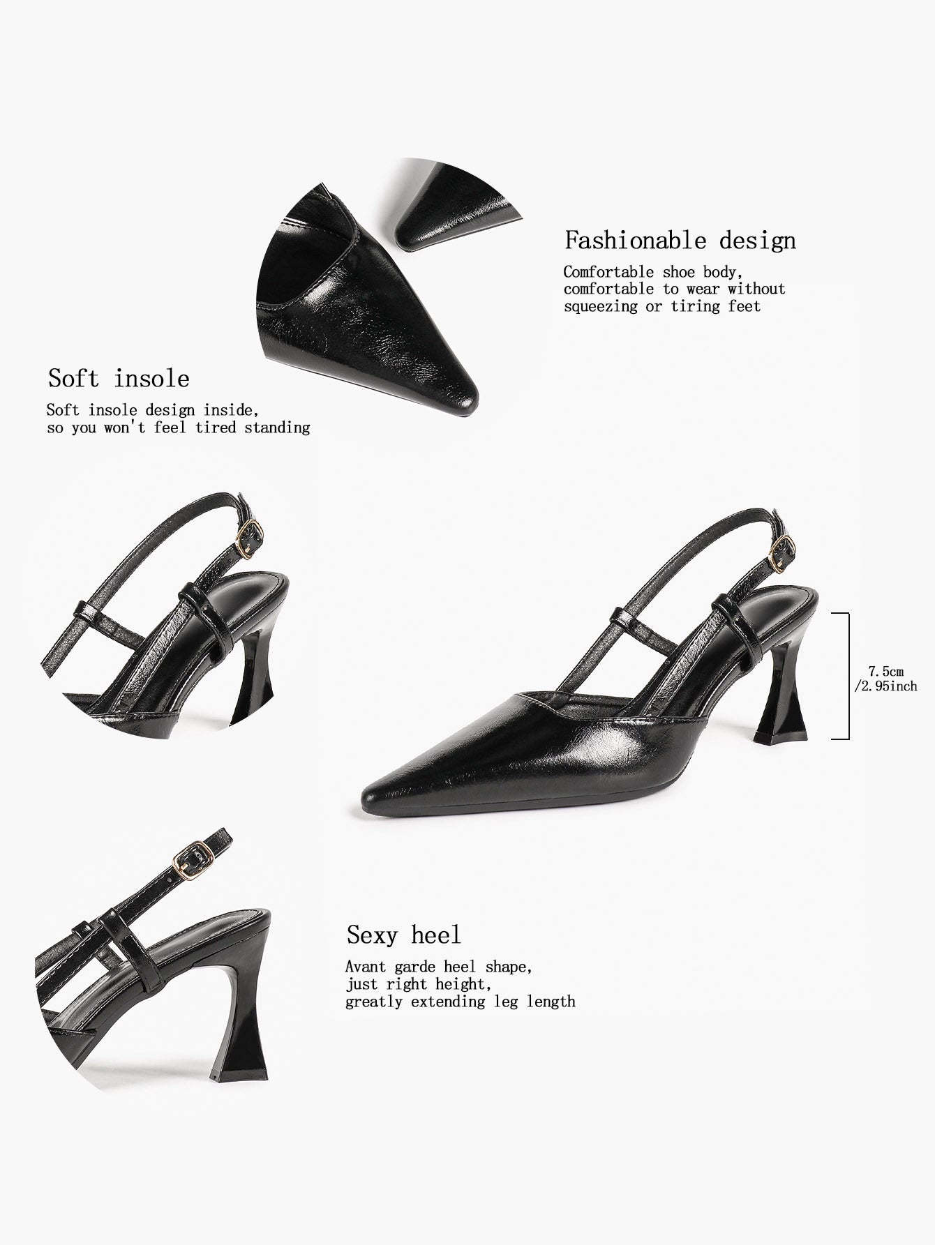 Black Pointed Toe Slingback Pumps Adjustable Buckle Flared High Heel Mules for Daily Office Evening Wear