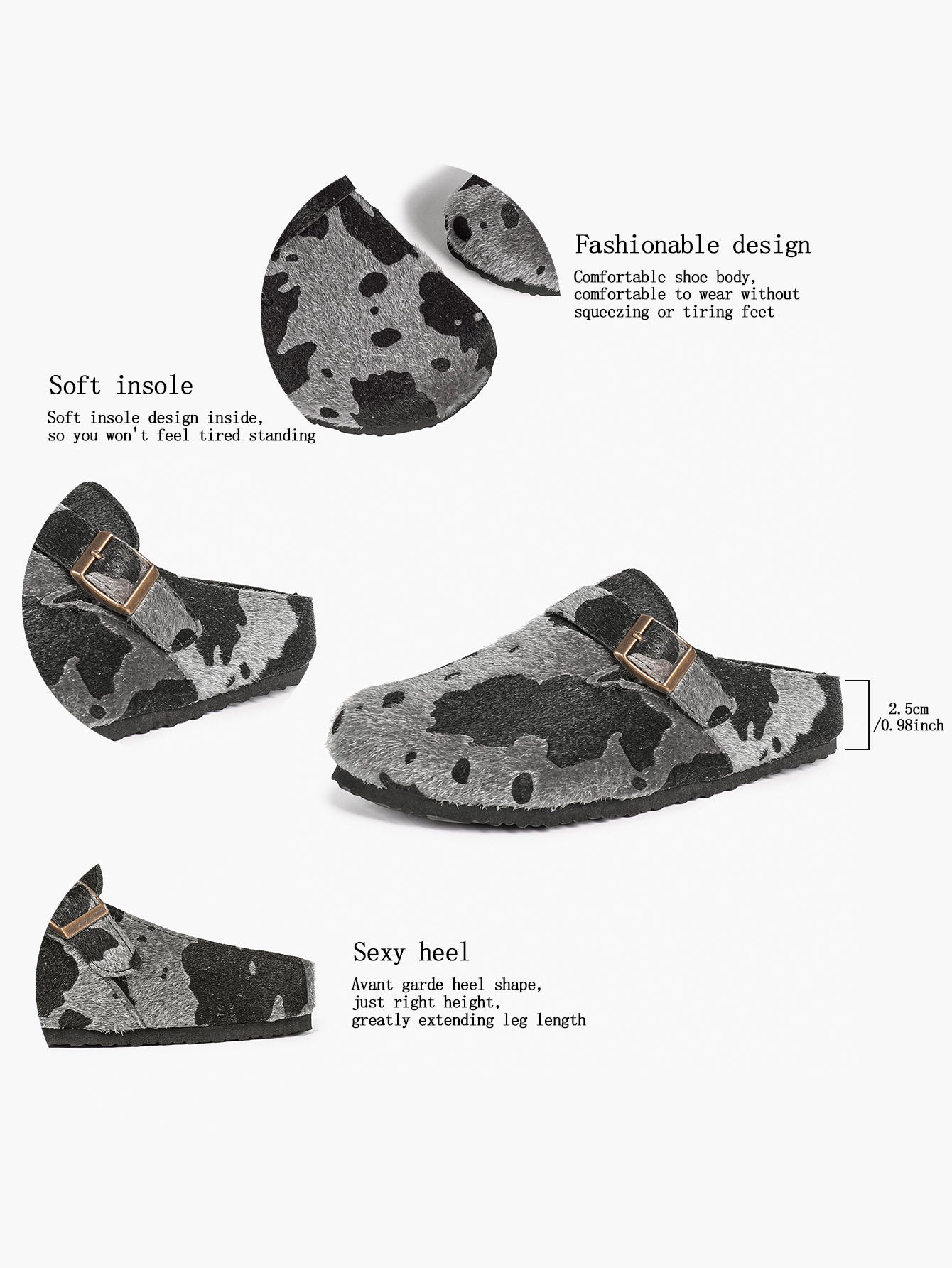 Women's Fuzzy Felt Clogs Adjustable Buckle Slip-On Mules Flat Shoes for Indoor, Outdoor Casual Wear