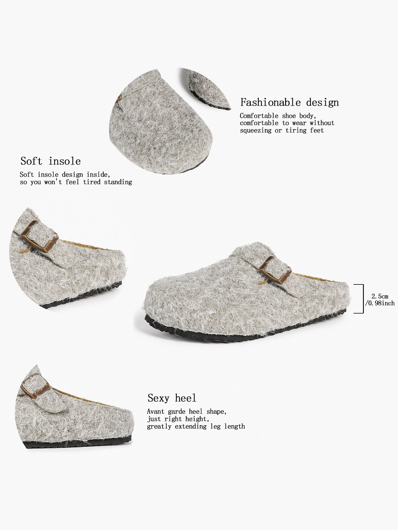 Women's Fuzzy Felt Clogs Adjustable Buckle Slip-On Mules Flat Shoes for Indoor, Outdoor Casual Wear