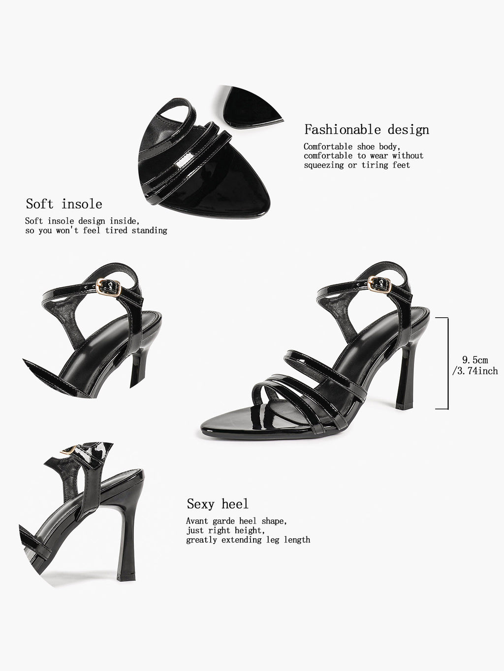 Women's Black Multi‑Strap Ankle Strap Sandals Stiletto High Heels Elegant Dress Shoes for Party Date Night
