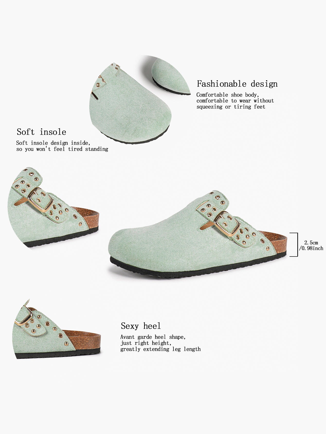 Mint Green Suede Studded Clogs Adjustable Buckle Casual Slip-On Shoes