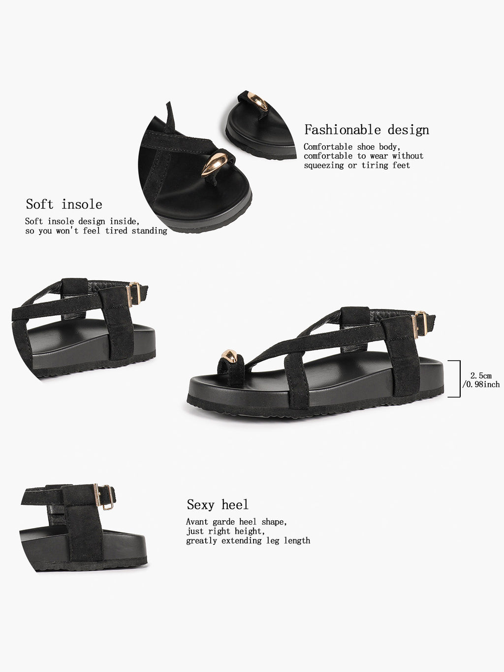 Black Suede Toe Loop Platform Sandals, Ankle Strap with Gold Buckle Daily Wear