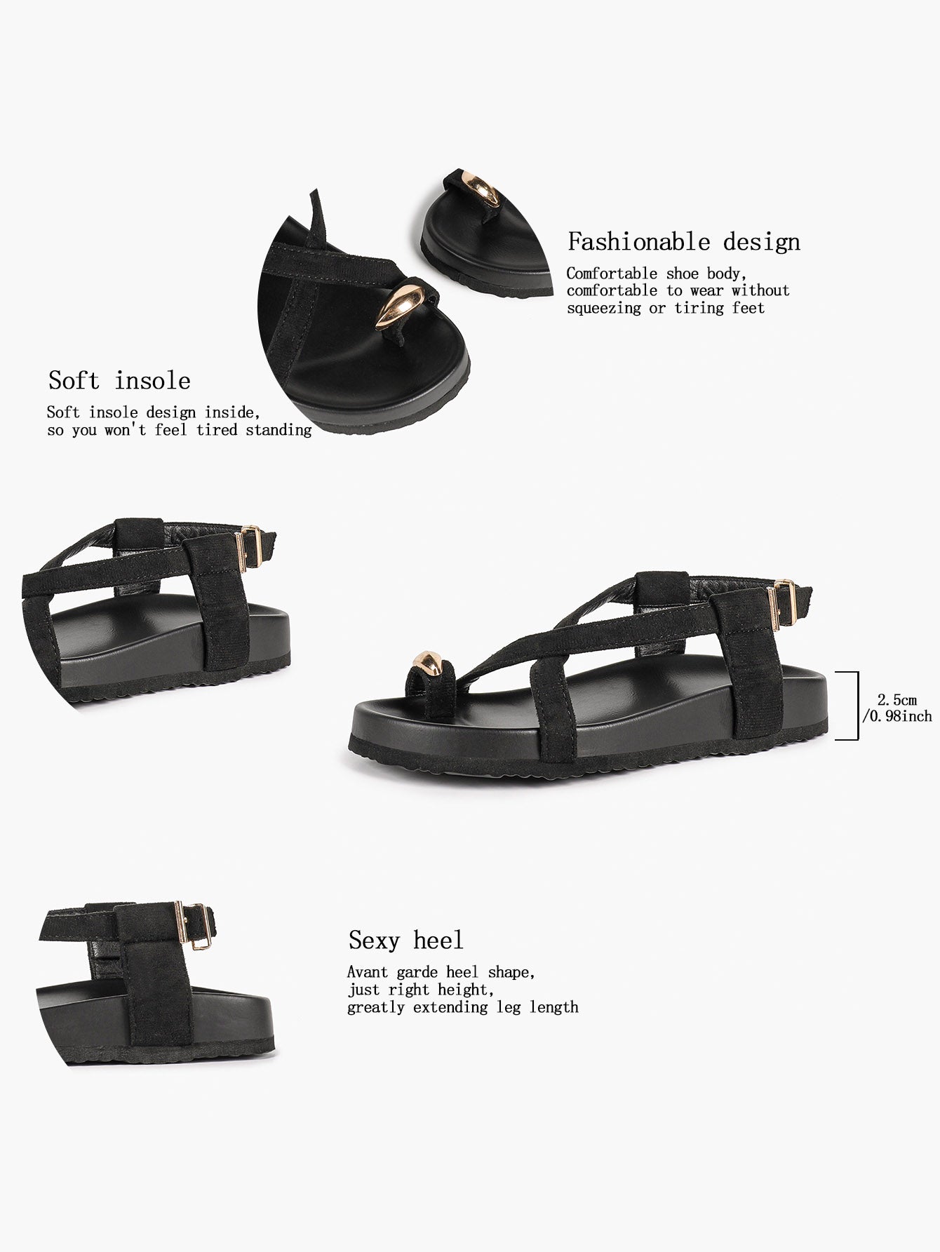 Black Suede Toe Loop Platform Sandals, Ankle Strap with Gold Buckle Daily Wear