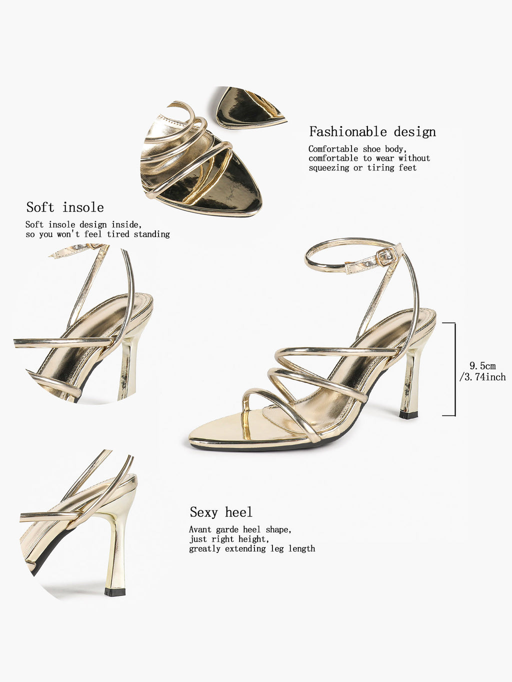 Gold Metallic Open Toe Flared Stiletto Heels Multi‑Strap Ankle Strap Sandals Party Evening Shoes