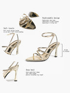 Gold Metallic Open Toe Flared Stiletto Heels Multi‑Strap Ankle Strap Sandals Party Evening Shoes