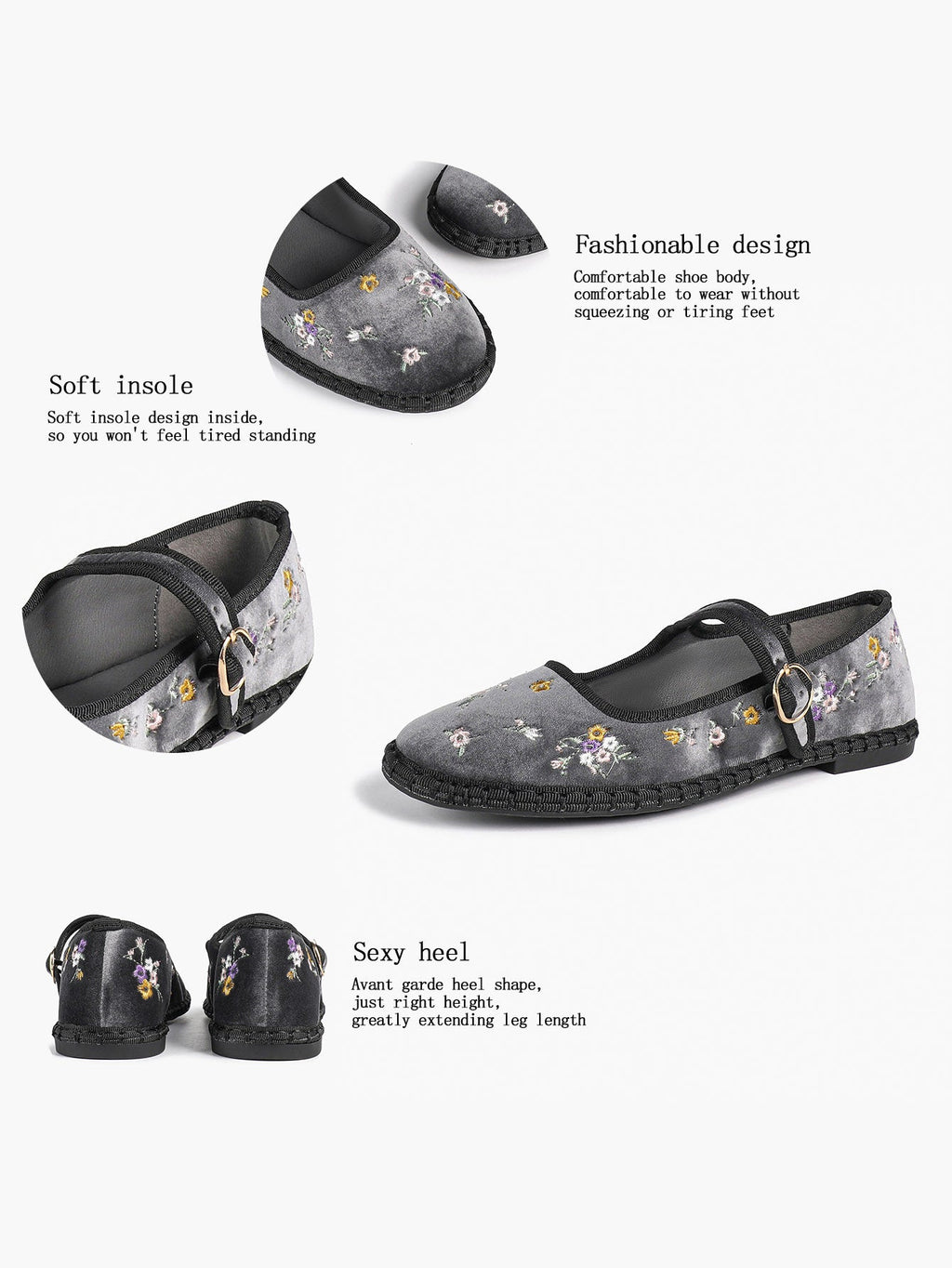 Grey Velvet Floral Embroidered Mary Jane Flats Vintage Slip On Shoes Casual Shoes ISHIFIVAN