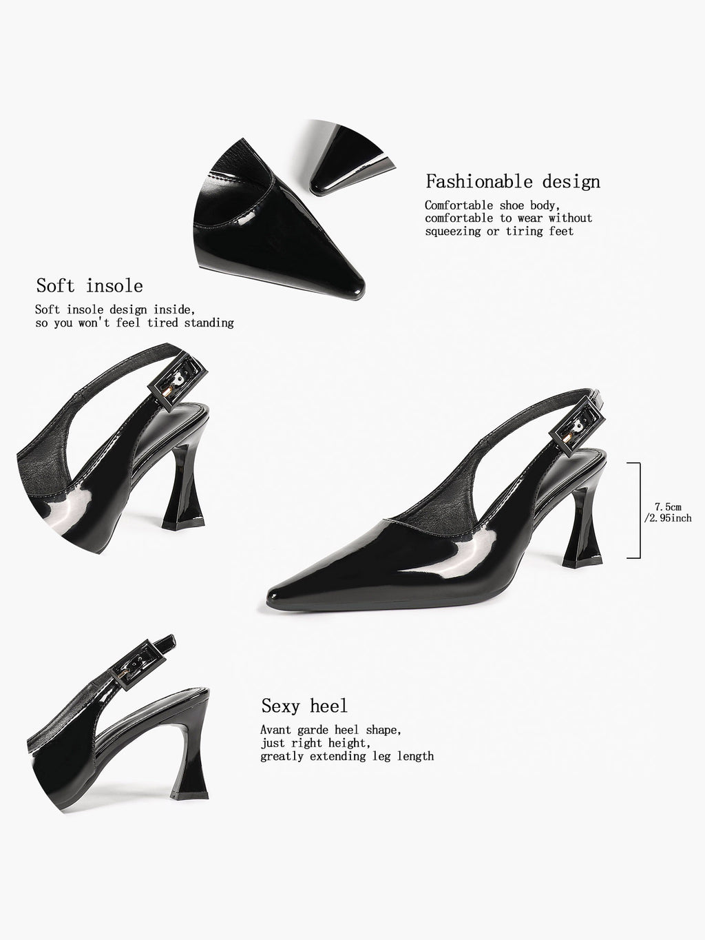 Women's Black Slingback Heels Pointed Toe Flared Heel Pumps Office Formal Event Daily Wear