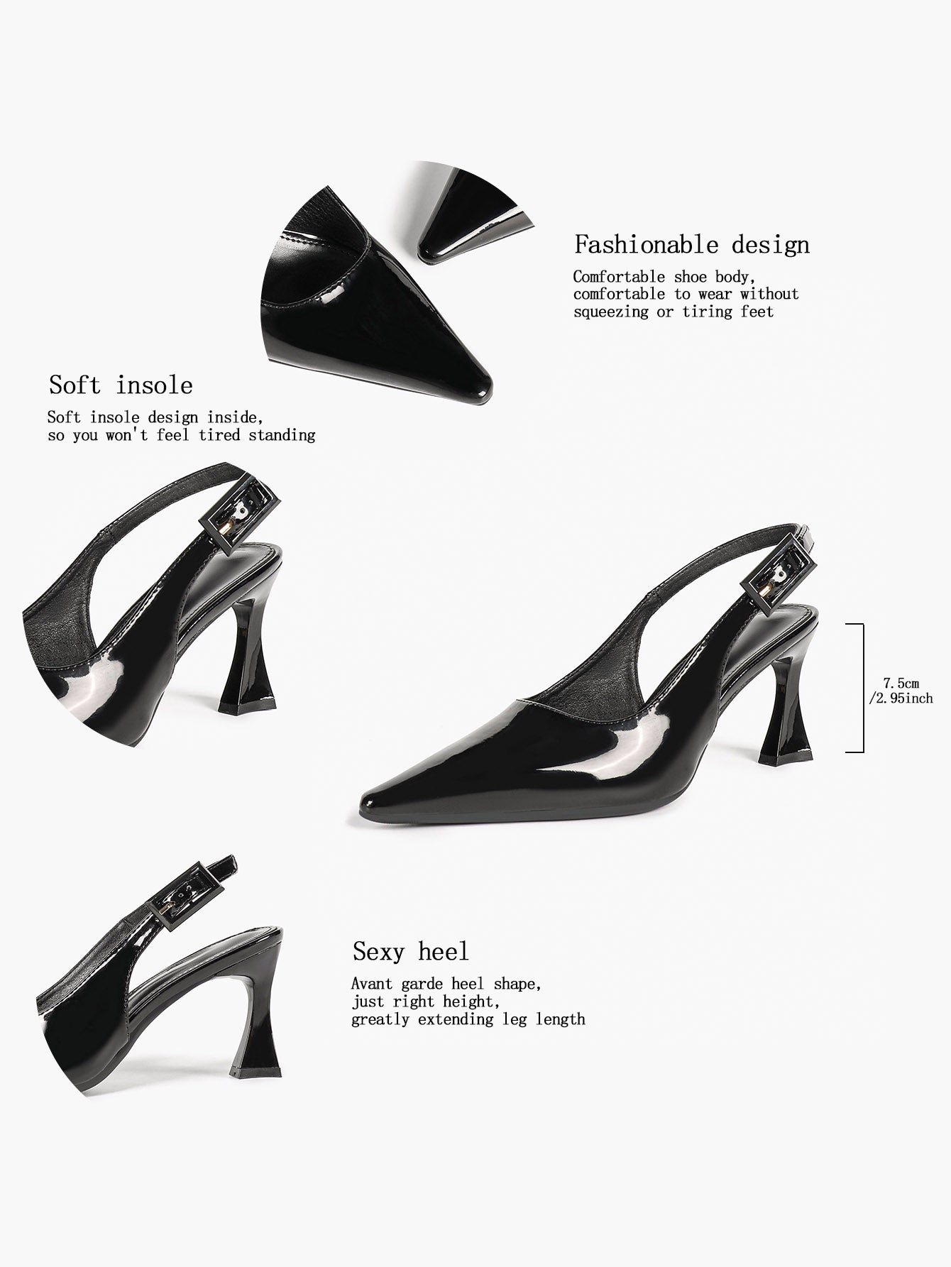 Women's Black Slingback Heels Pointed Toe Flared Heel Pumps Office Formal Event Daily Wear
