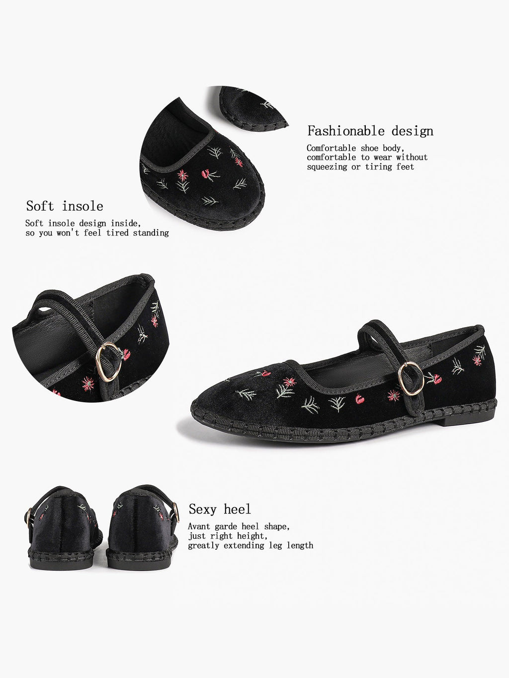 Women's Black Velvet Embroidered Mary Jane Flats Vintage Floral Slip On Shoes ISHIFIVAN