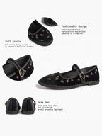 Women's Black Velvet Embroidered Mary Jane Flats Vintage Floral Slip On Shoes ISHIFIVAN