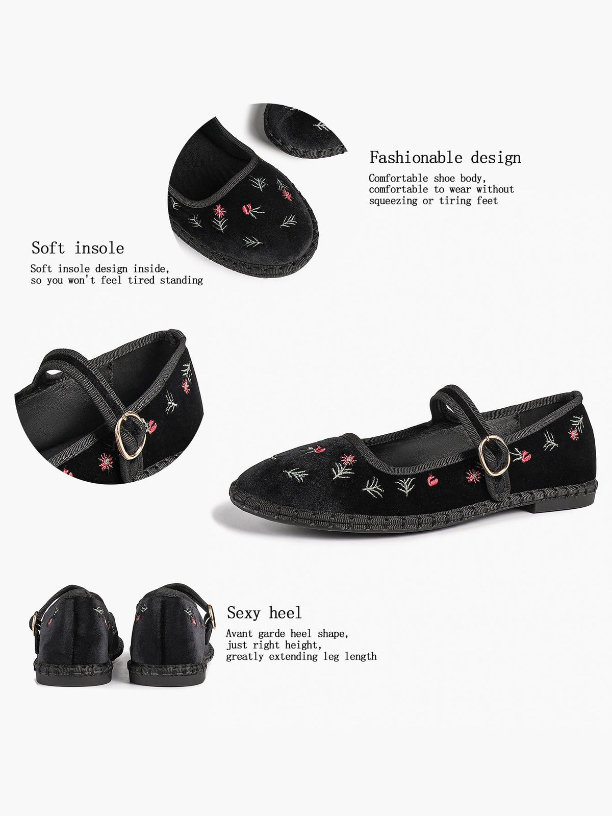Women's Black Velvet Embroidered Mary Jane Flats Vintage Floral Slip On Shoes ISHIFIVAN