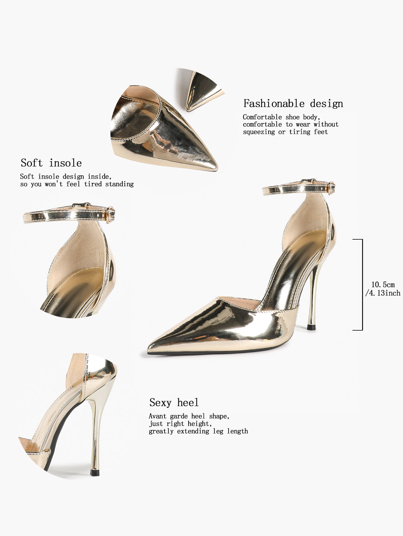 Pointed Toe Gold Metallic Side Cutout Ankle Strap Stiletto Fashion Party Date Night