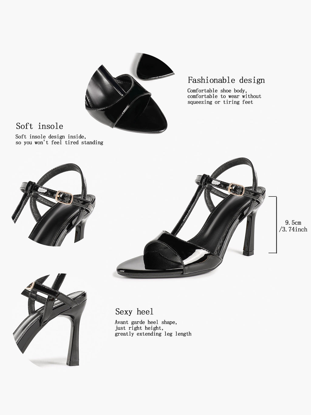 Black Patent T-Strap Slingback High Heel Sandals Open Toe Stiletto Heels with Adjustable Buckle for Party Evening Daily Wear