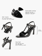 Black Patent T-Strap Slingback High Heel Sandals Open Toe Stiletto Heels with Adjustable Buckle for Party Evening Daily Wear