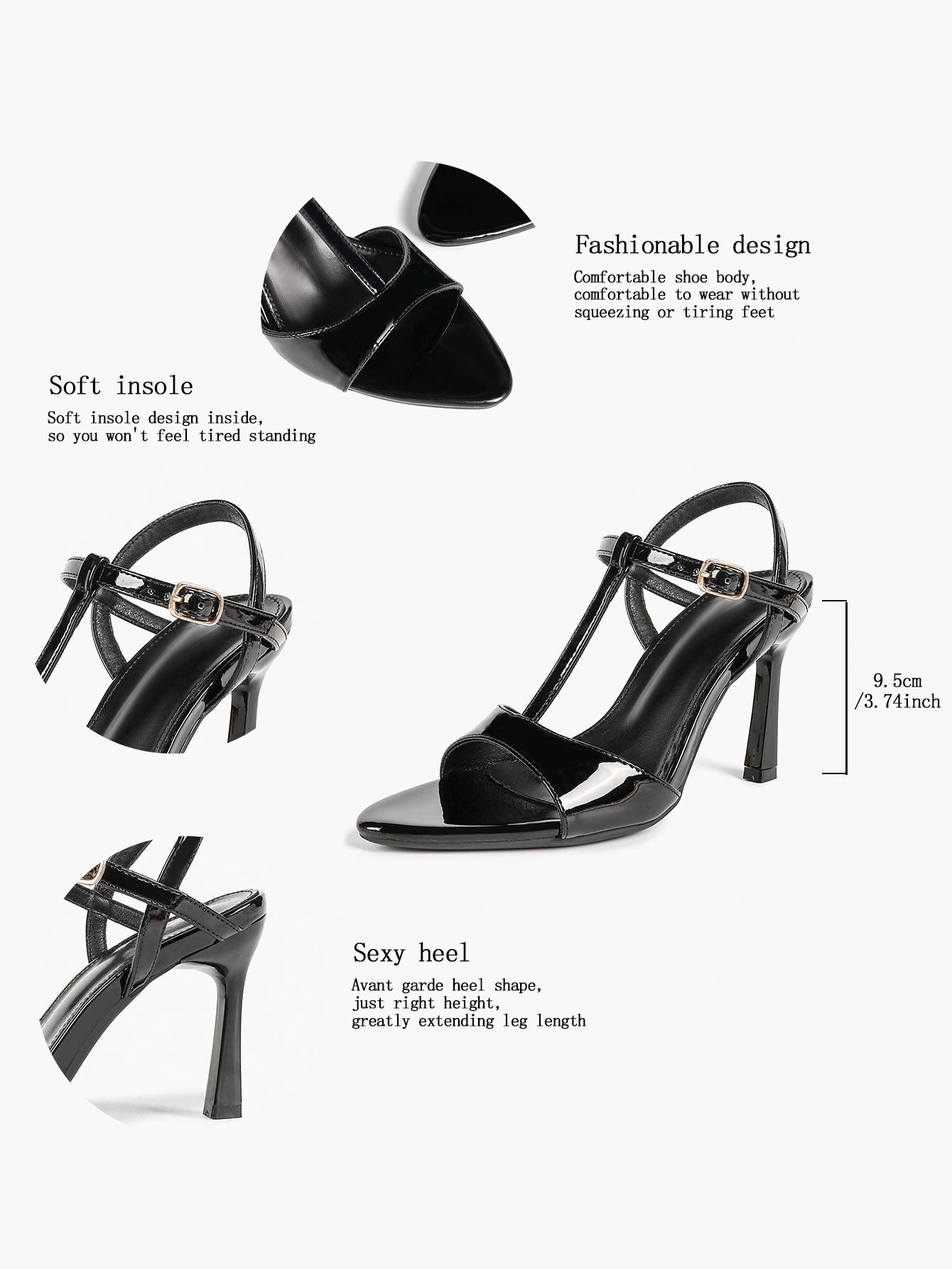 Black Patent T-Strap Slingback High Heel Sandals Open Toe Stiletto Heels with Adjustable Buckle for Party Evening Daily Wear