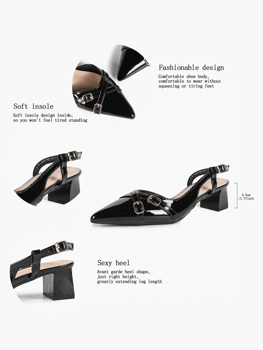 Black Patent Pointed-Toe Slingback Pumps with Double Gold-Tone Buckle Straps