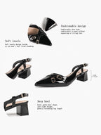 Black Patent Pointed-Toe Slingback Pumps with Double Gold-Tone Buckle Straps