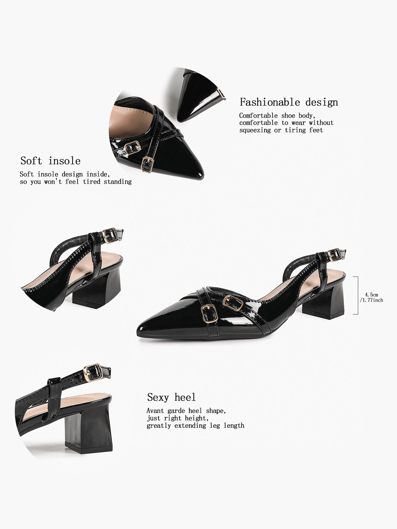 Black Patent Pointed-Toe Slingback Pumps with Double Gold-Tone Buckle Straps