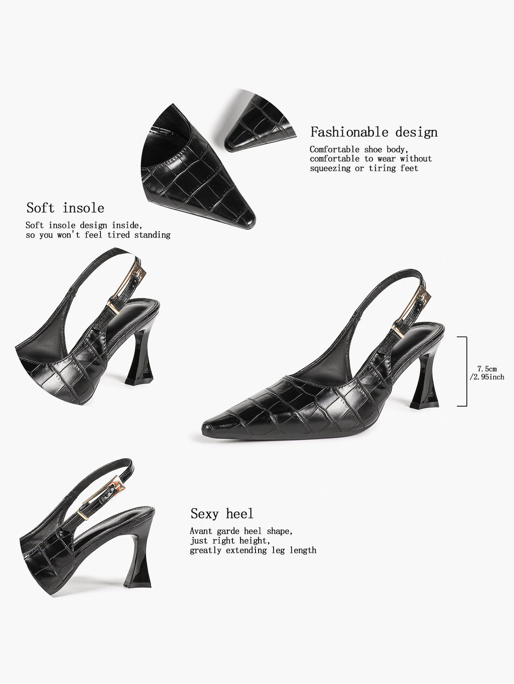 Black Croc‑Embossed PU Slingback Heels Pointed Toe Flared Heel Pumps Office Date Night