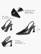 Black Croc‑Embossed PU Slingback Heels Pointed Toe Flared Heel Pumps Office Date Night