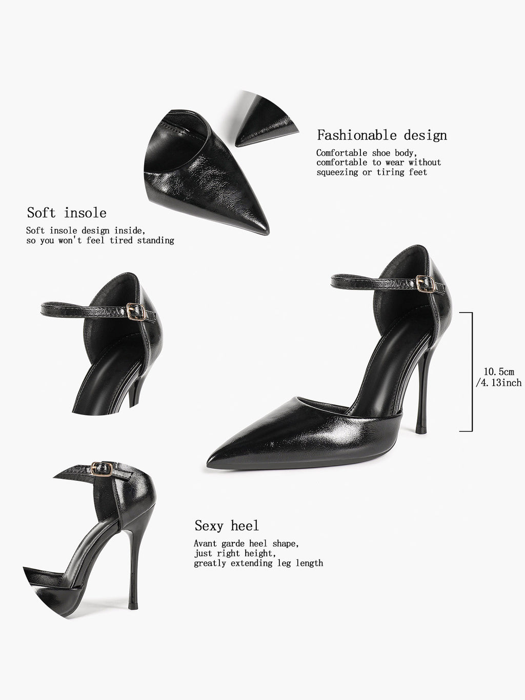 Women's Ankle Strap Heels Pointed Toe Side Cutout Stiletto Classic Pumps Elegant Dress Shoes Formal Event