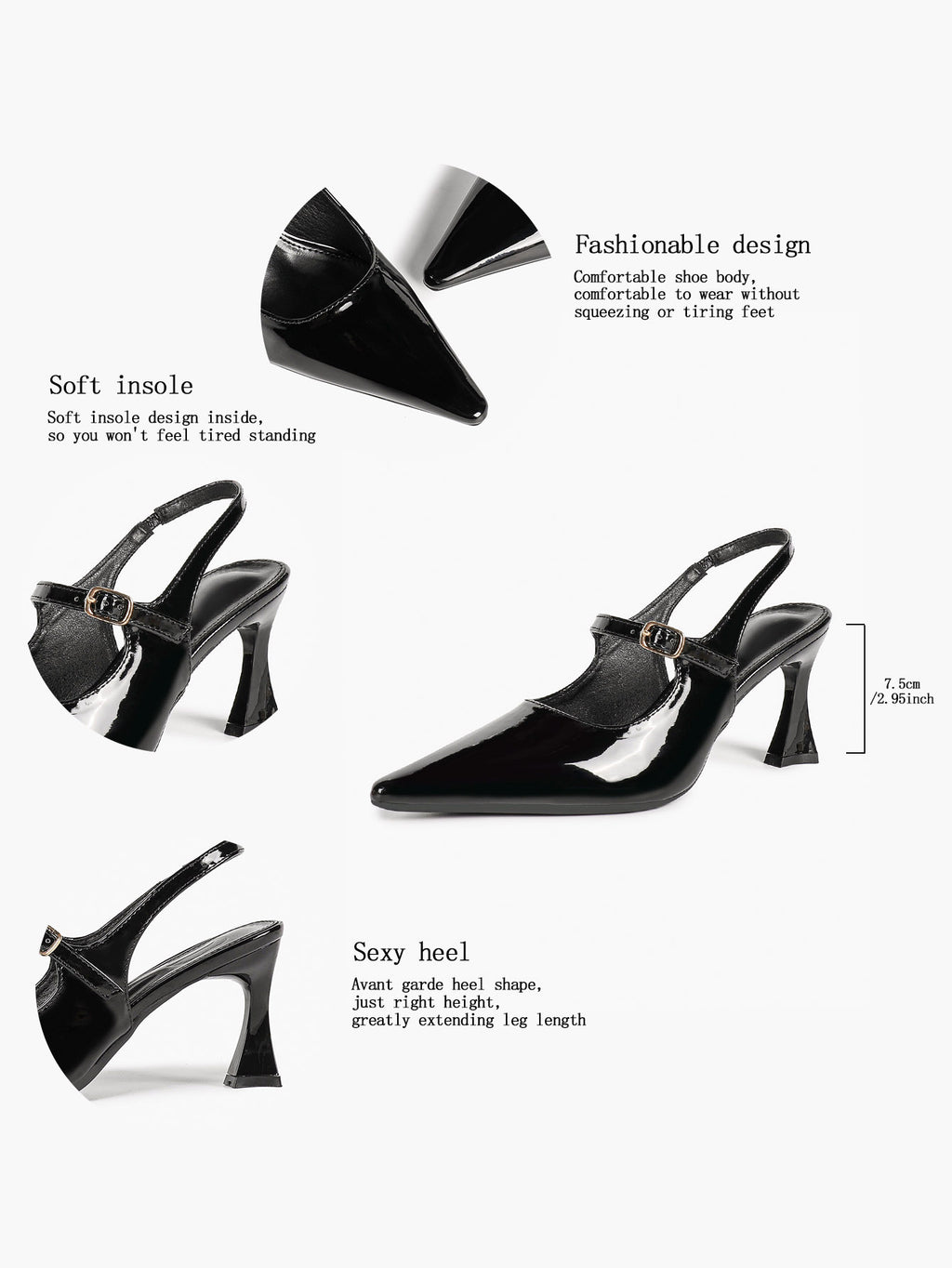 Women's Black Mary‑Jane Slingback Heels Pointed Toe High Heel Pumps