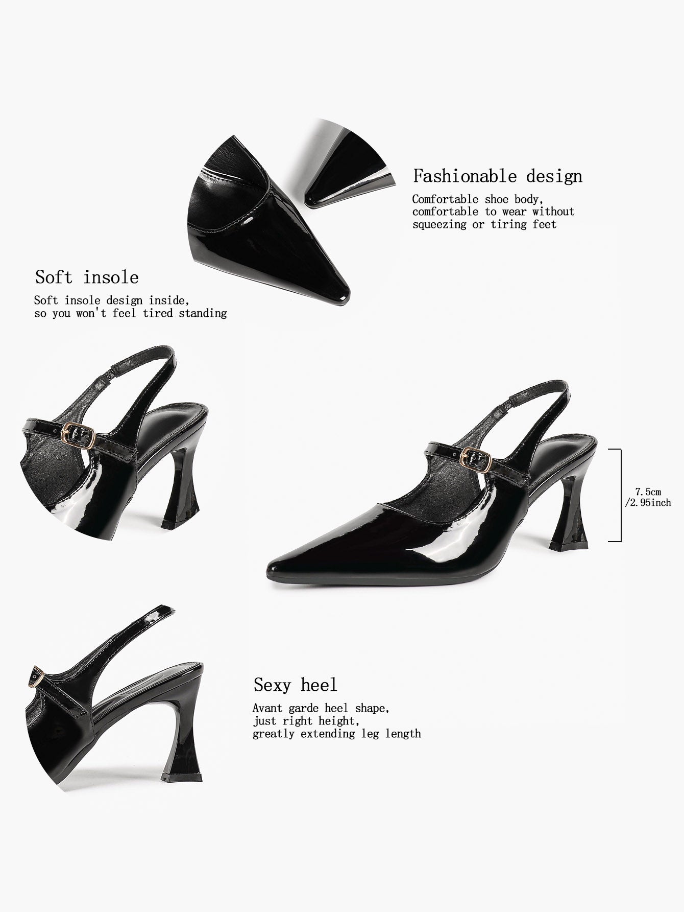 Women's Black Mary‑Jane Slingback Heels Pointed Toe High Heel Pumps