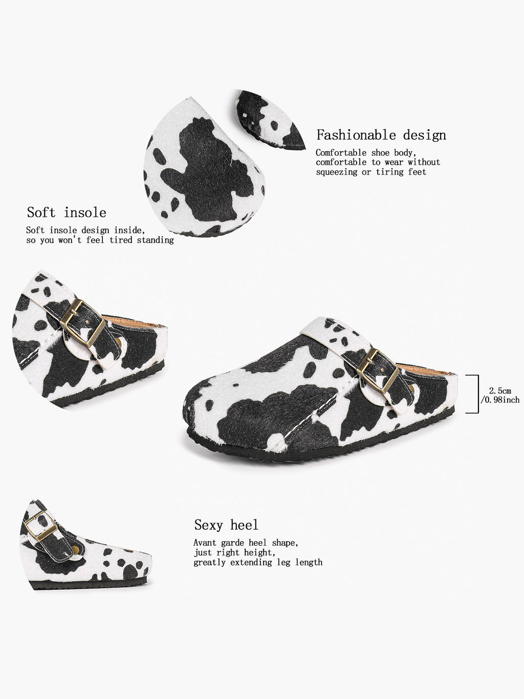 Women's Cow Print Faux Fur Clogs Adjustable Buckle Casual Slip-On Birkenstock-Style Shoes