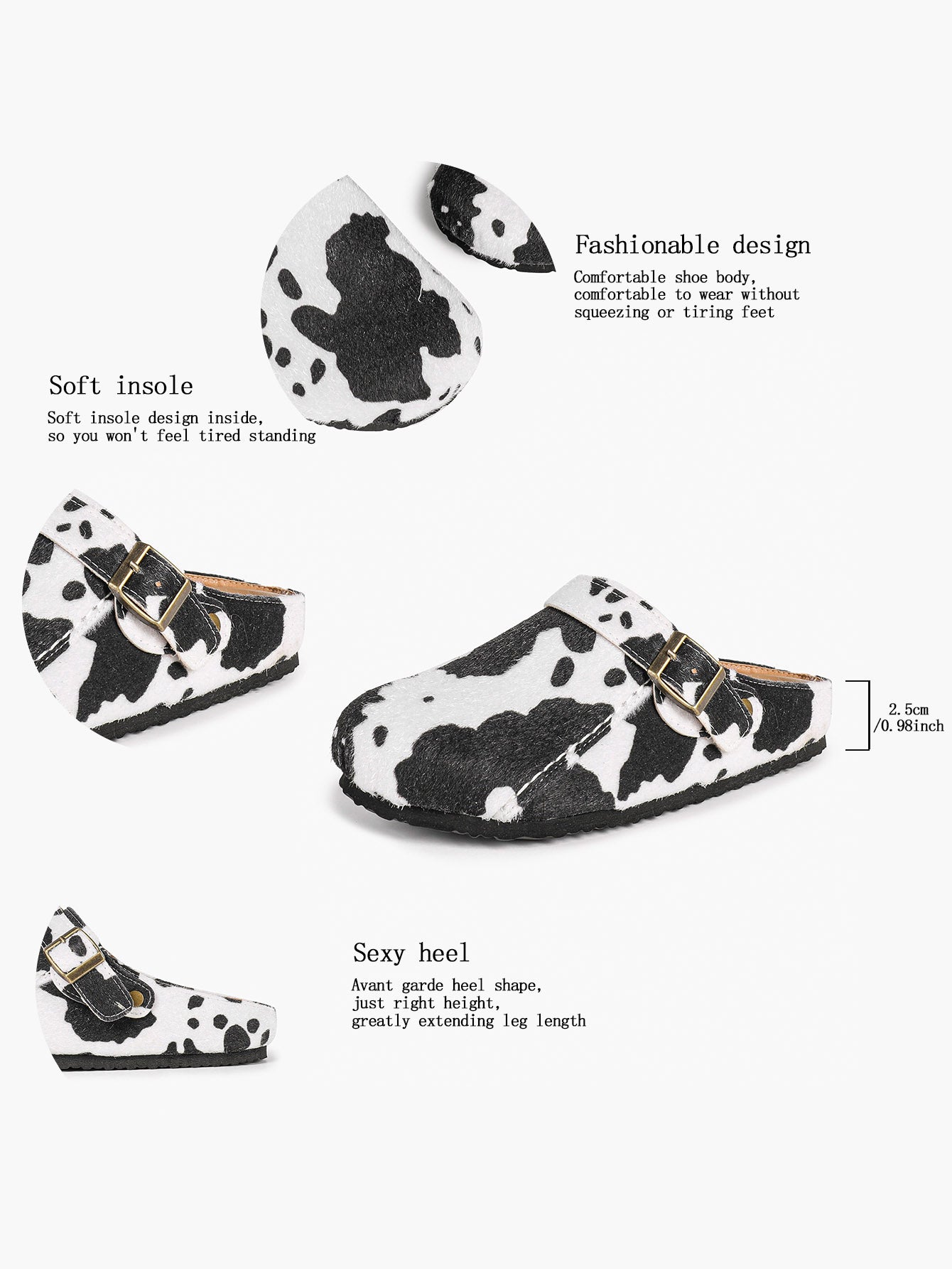 Women's Cow Print Faux Fur Clogs Adjustable Buckle Casual Slip-On Birkenstock-Style Shoes