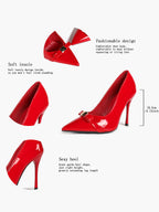 Red Pointed Toe Stiletto Pumps Metal Bow Decor High Heel Slip‑on Heels for Party Evening