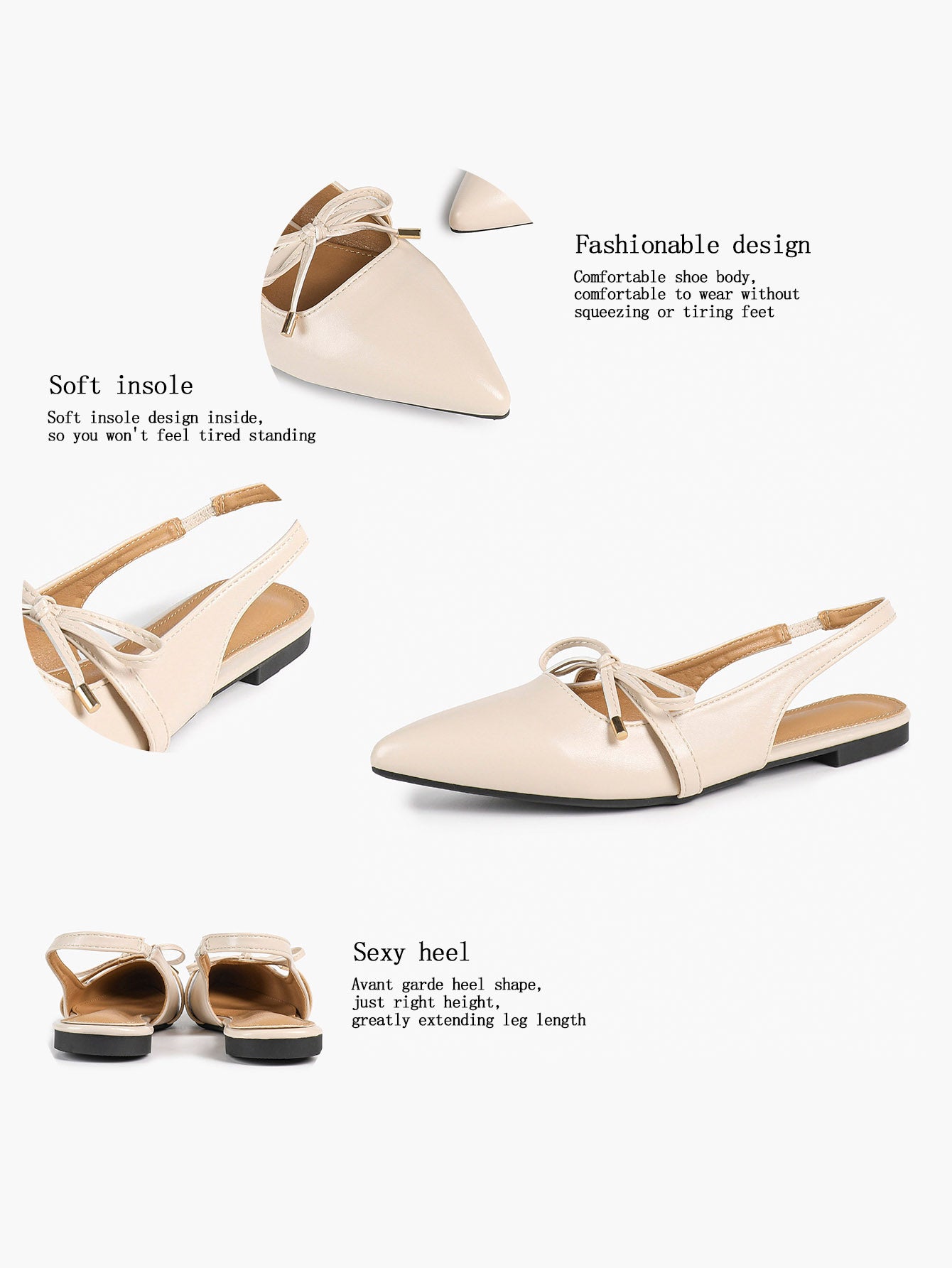 Beige Leather Bow Slingback Flats Pointed Toe Slip On Shoes Work Daily Wear