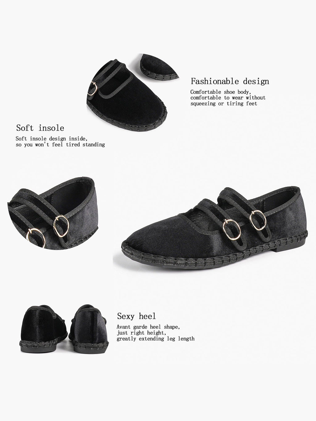 Women's Black Velvet Double-Strap Mary Jane Flats Pointed Toe Slip On Shoes Casual Shoes ISHIFIVAN