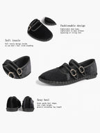 Women's Black Velvet Double-Strap Mary Jane Flats Pointed Toe Slip On Shoes Casual Shoes ISHIFIVAN